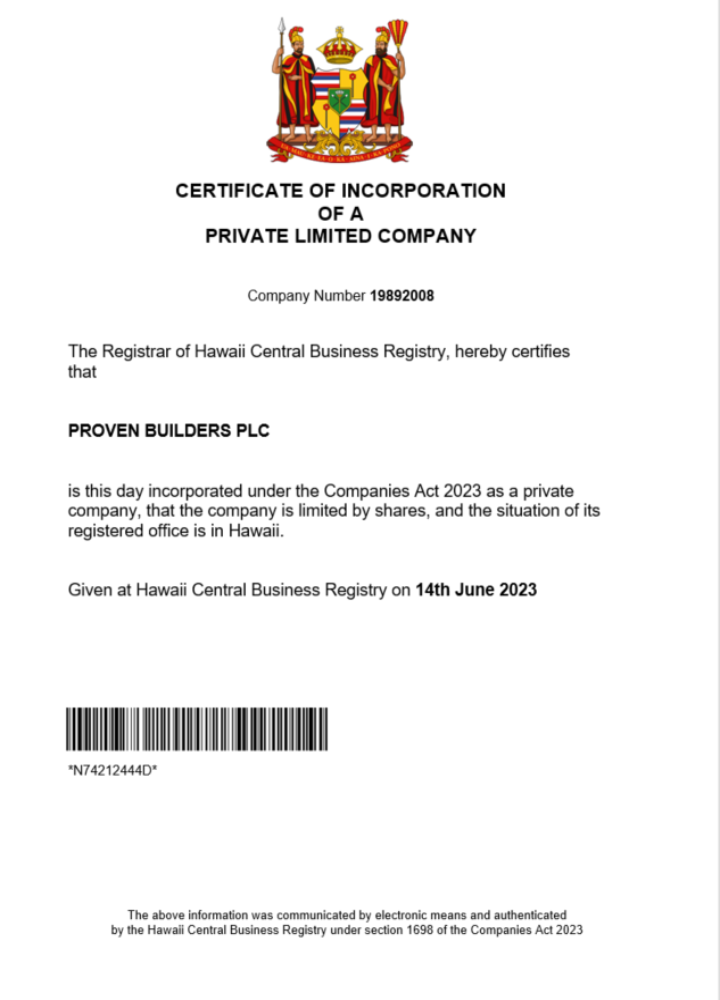 Hawaii certificate of registration Word and PDF template